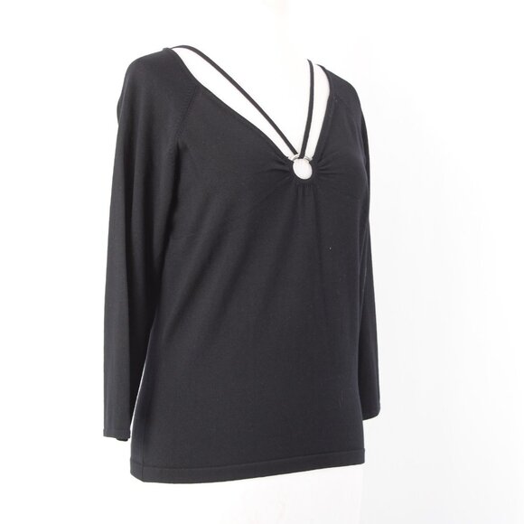 BCBG Maxazria Top NEW $145 Sz L Black 3/4 Sleeve Silk Nylon Spandex Pendant Top - Picture 7 of 16